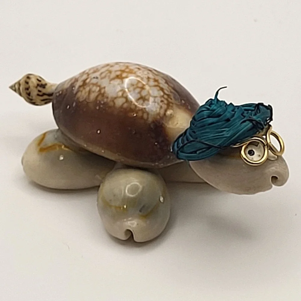 Handcrafted Shell Googly Eye Turtle Figurine Blue Hat Gold Glasses Miniature
